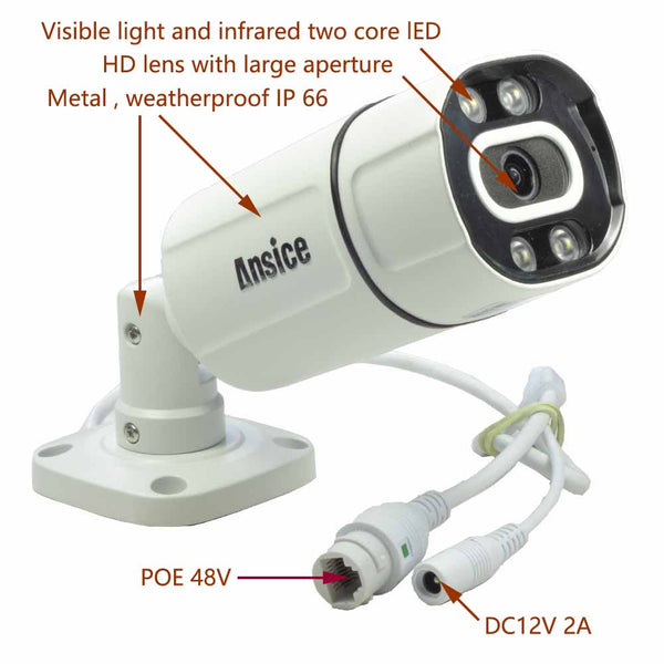 Dual light 2 core LED H.265 4MP POE Camera Human Detection Outdoor Waterproof IP Camera ONVIF Security Video Surveillance(3.6mm with POE)